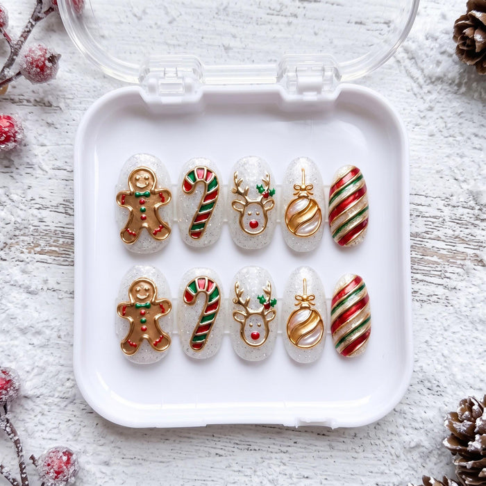 Christmas Gingerbread, Reindeer, Candy Cane and Gold Ornament Press On Nails