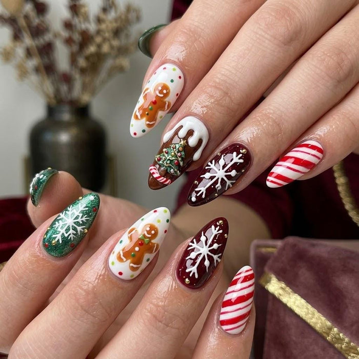 Christmas Gingerbread, Snowflake & Candy Cane Press On Nails