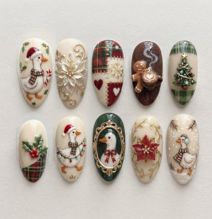Christmas Goose and Poinsettia Press On Nails With Gingerbread, Plaid, and Winter Trees