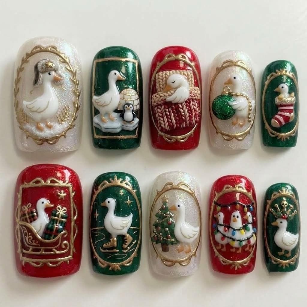Christmas Goose Press-On Nails with Red, Green, Knit, and Gold Details