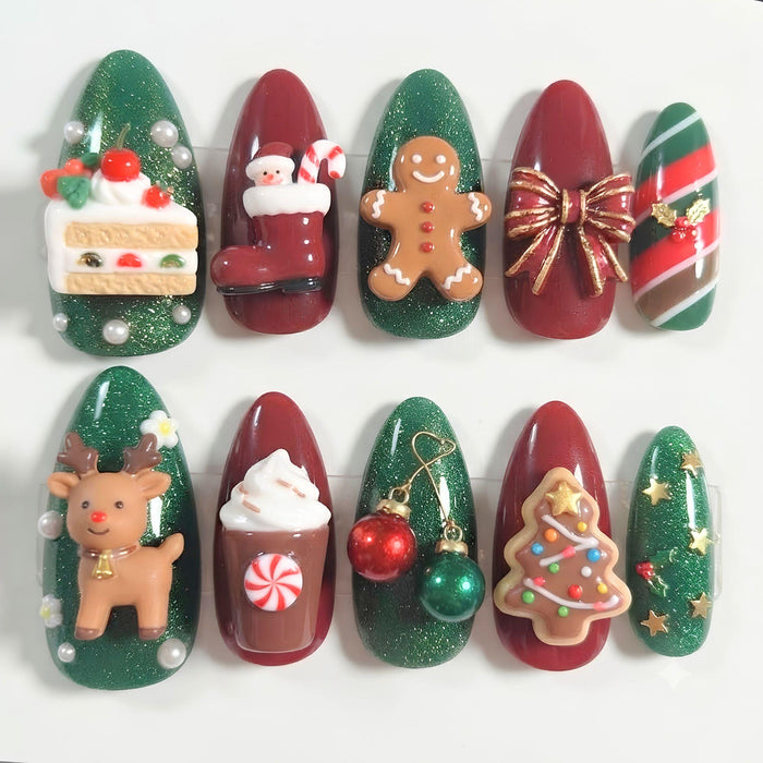 Christmas Green and Burgundy Glitter Press-On Nail Set with 3D Holiday Art