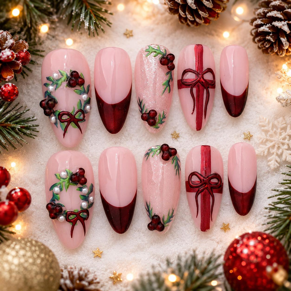 Christmas Holly and Berry Nails with Burgundy Tips and Ribbon Bows
