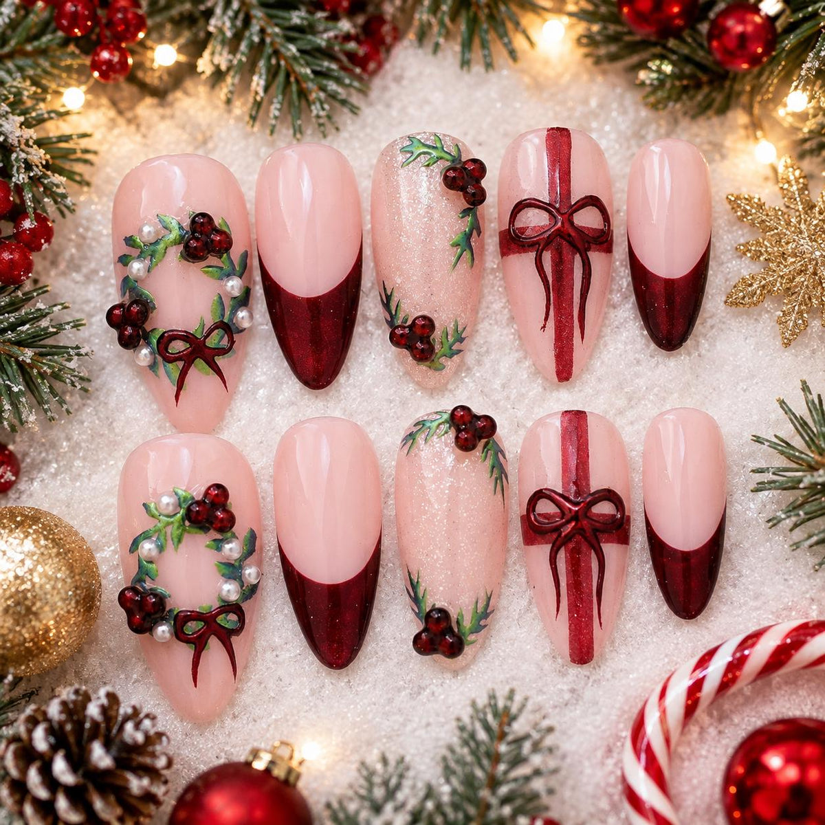 Christmas Holly and Berry Nails with Burgundy Tips and Ribbon Bows
