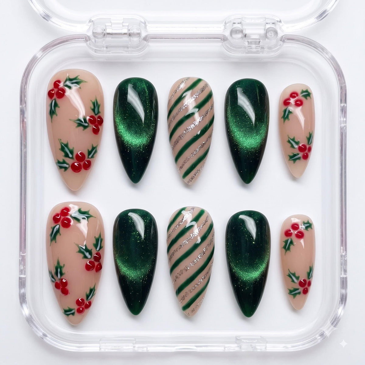 Christmas Holly Berry and Green Cat-Eye Nail Set