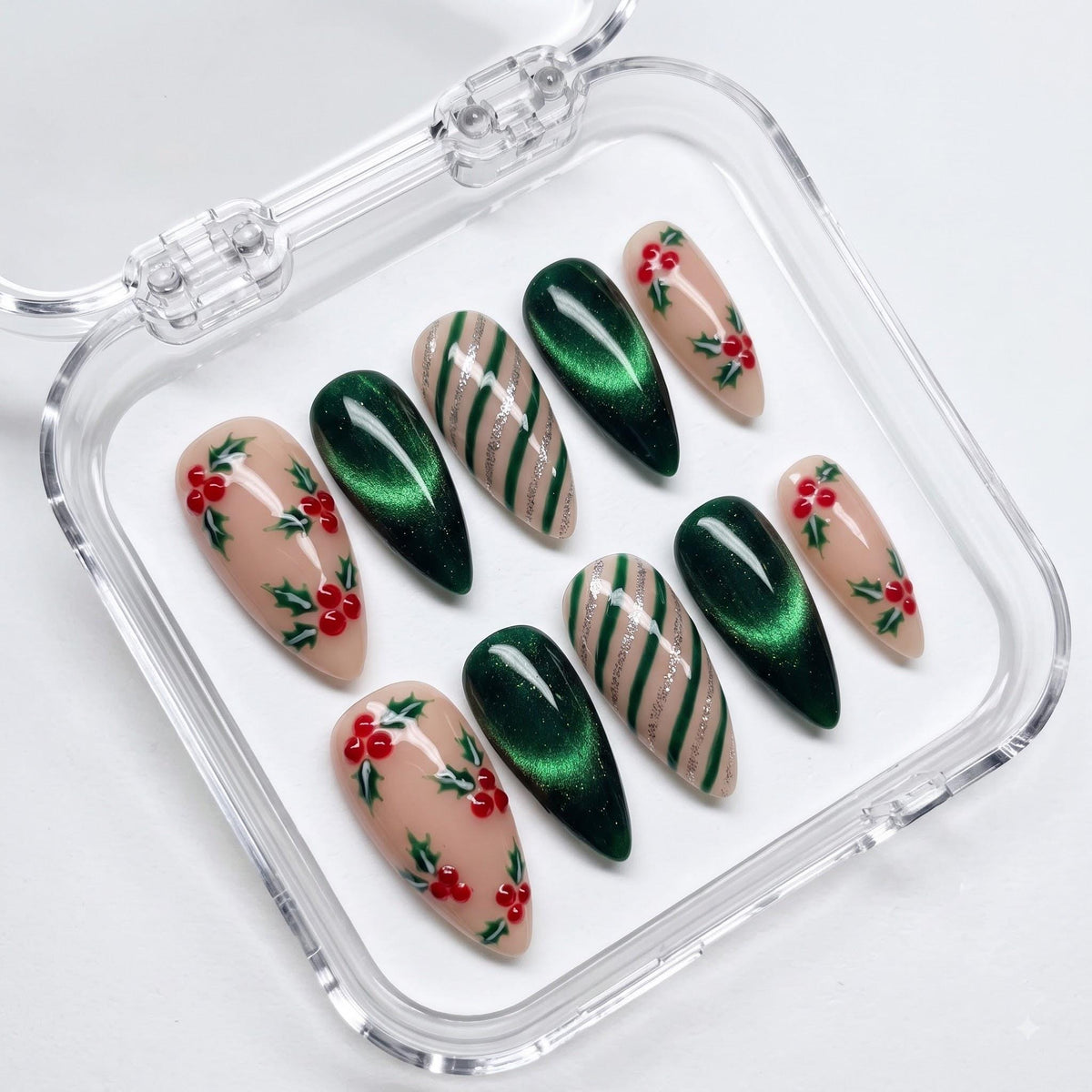 Christmas Holly Berry and Green Cat-Eye Nail Set