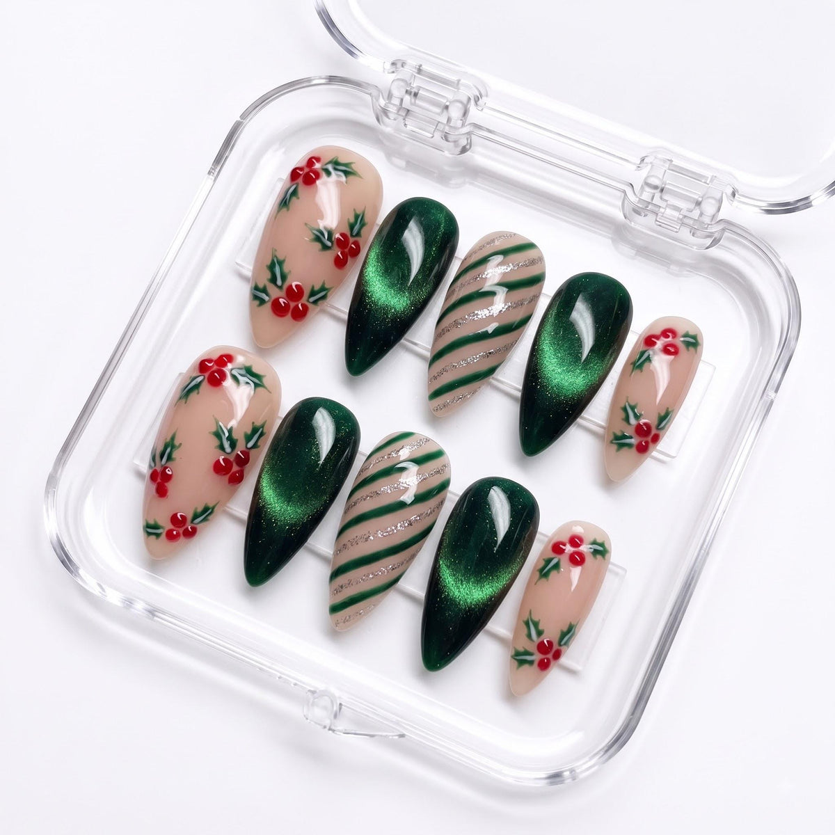 Christmas Holly Berry and Green Cat-Eye Nail Set