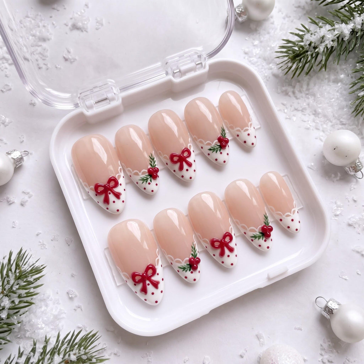Christmas Holly Berry and Red Bow French Tip Nails