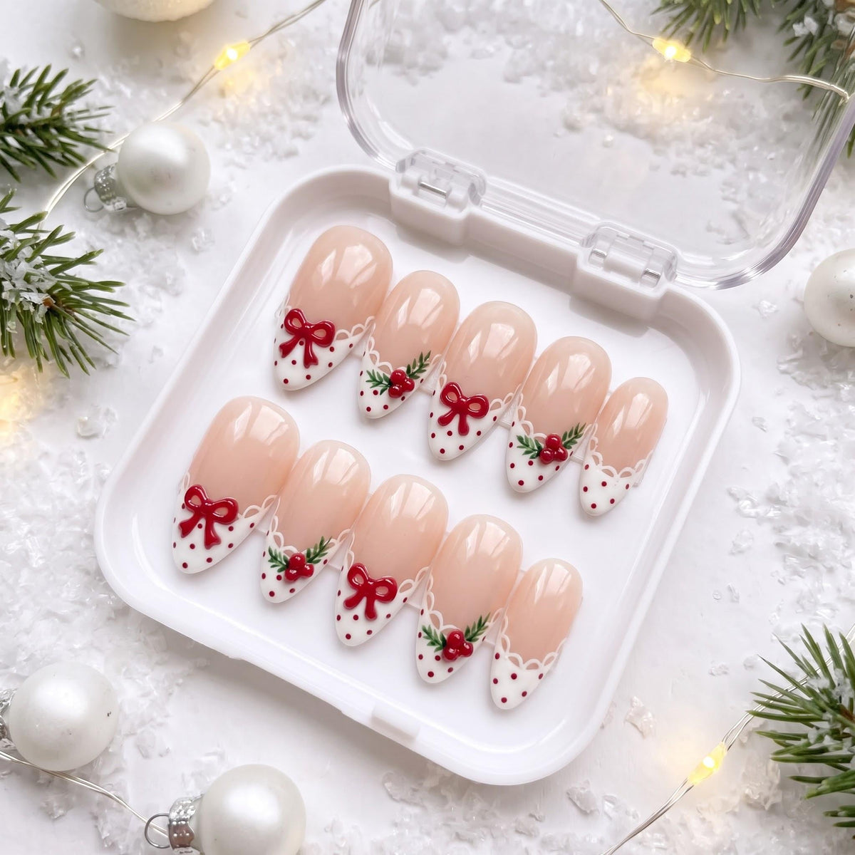 Christmas Holly Berry and Red Bow French Tip Nails