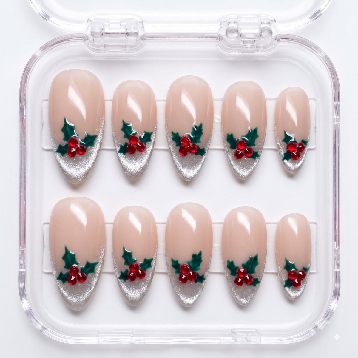 Christmas Holly Berry Press On Nails With Silver Glitter French Tips