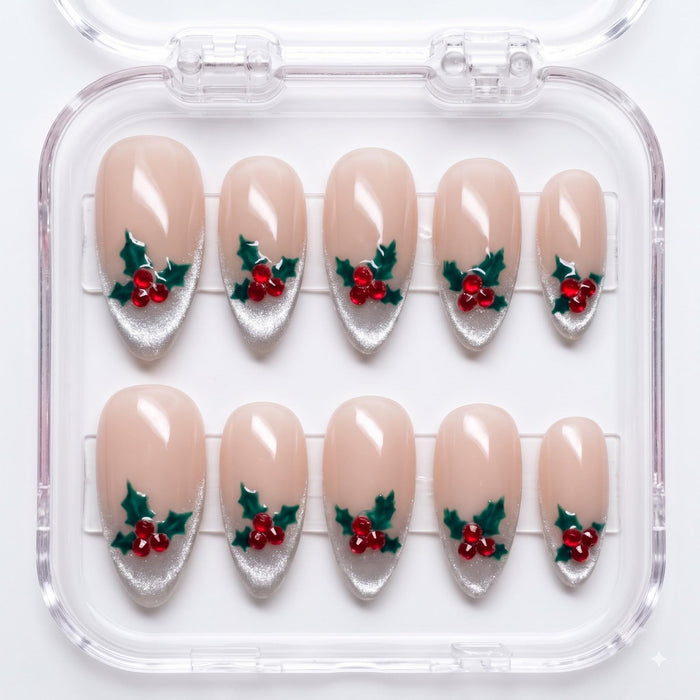 Christmas Holly Berry Press On Nails With Silver Glitter French Tips