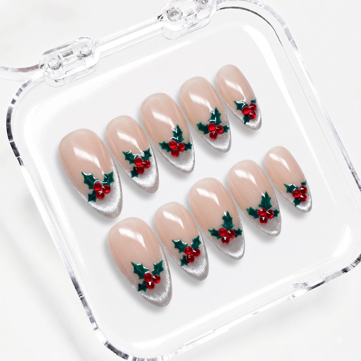 Christmas Holly Berry Press On Nails With Silver Glitter French Tips