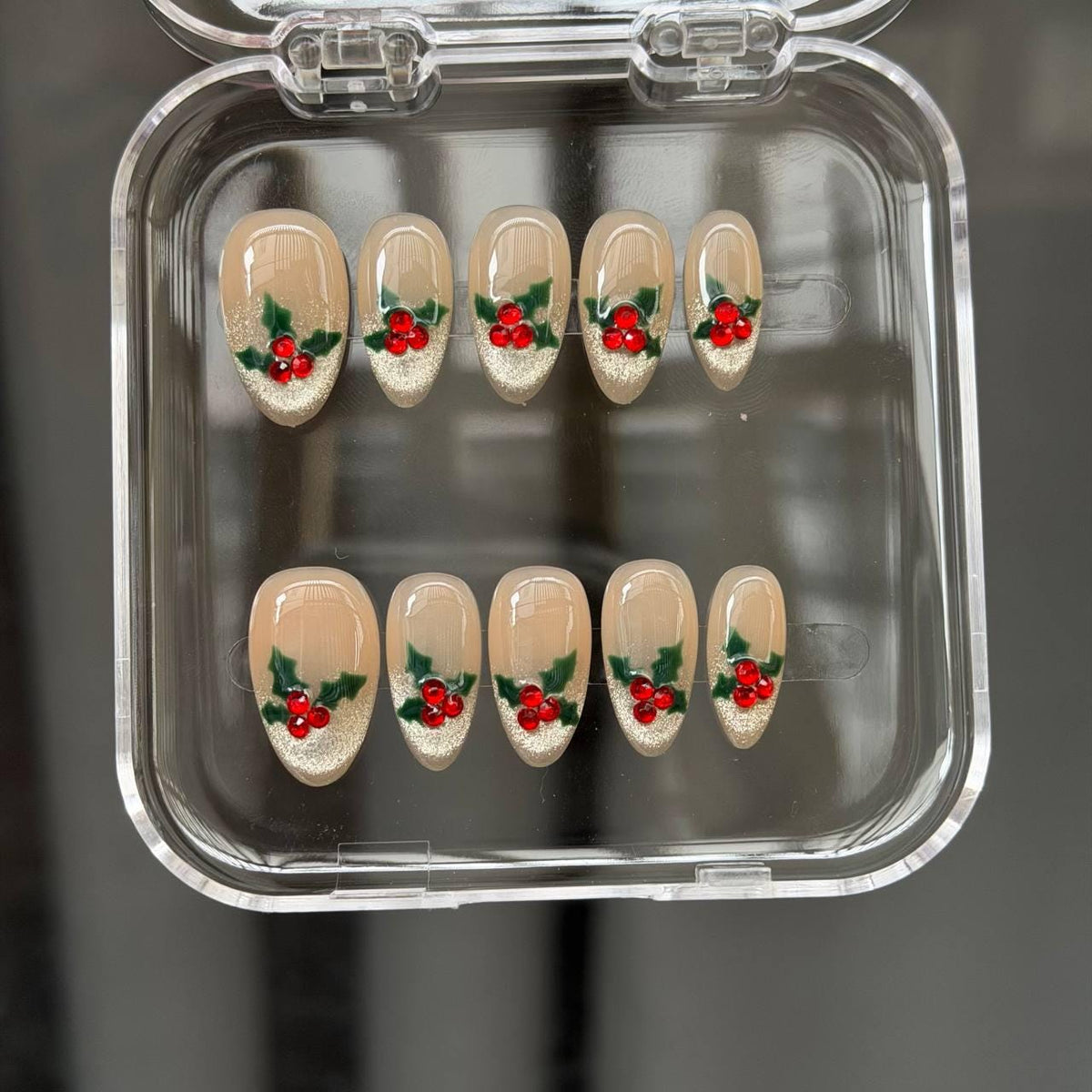 Christmas Holly Berry Press On Nails With Silver Glitter French Tips