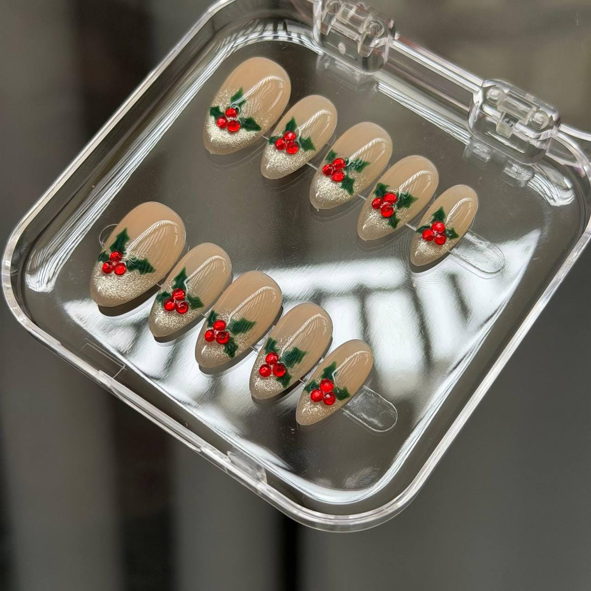 Christmas Holly Berry Press On Nails With Silver Glitter French Tips