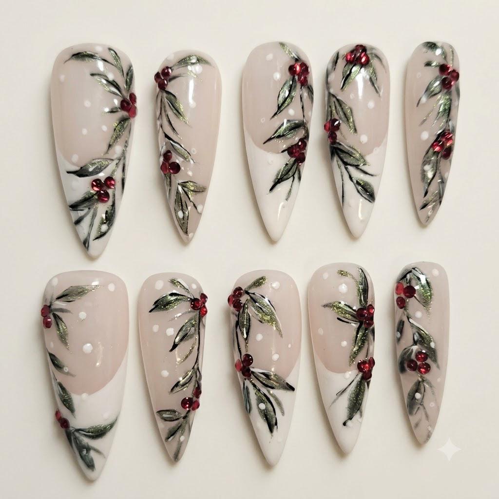 Christmas Holly French Tip Press On Nails With Red Rhinestone Berries