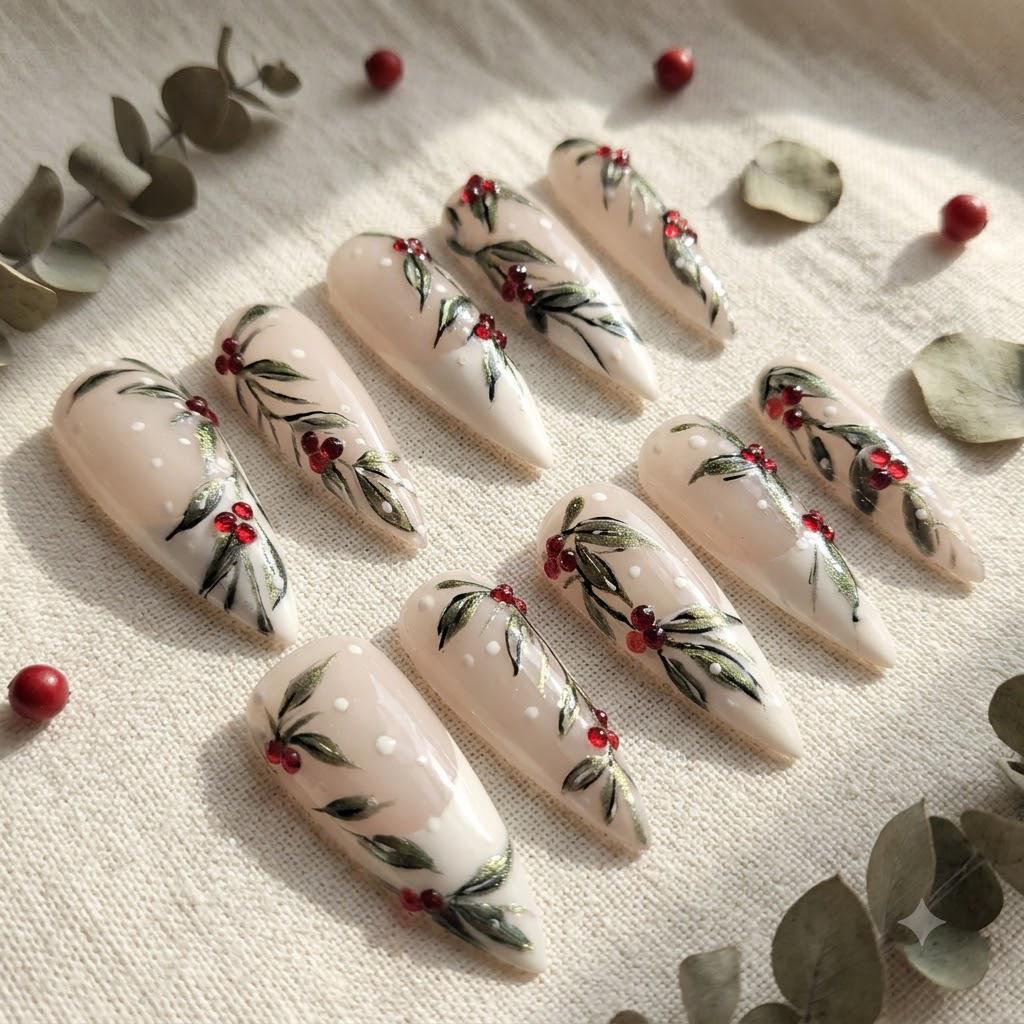 Christmas Holly French Tip Press On Nails With Red Rhinestone Berries