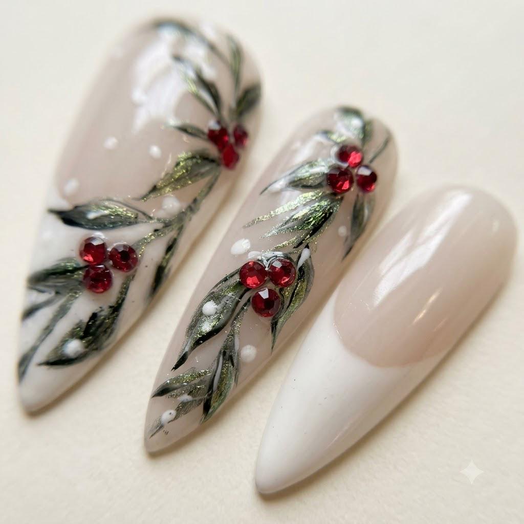 Christmas Holly French Tip Press On Nails With Red Rhinestone Berries