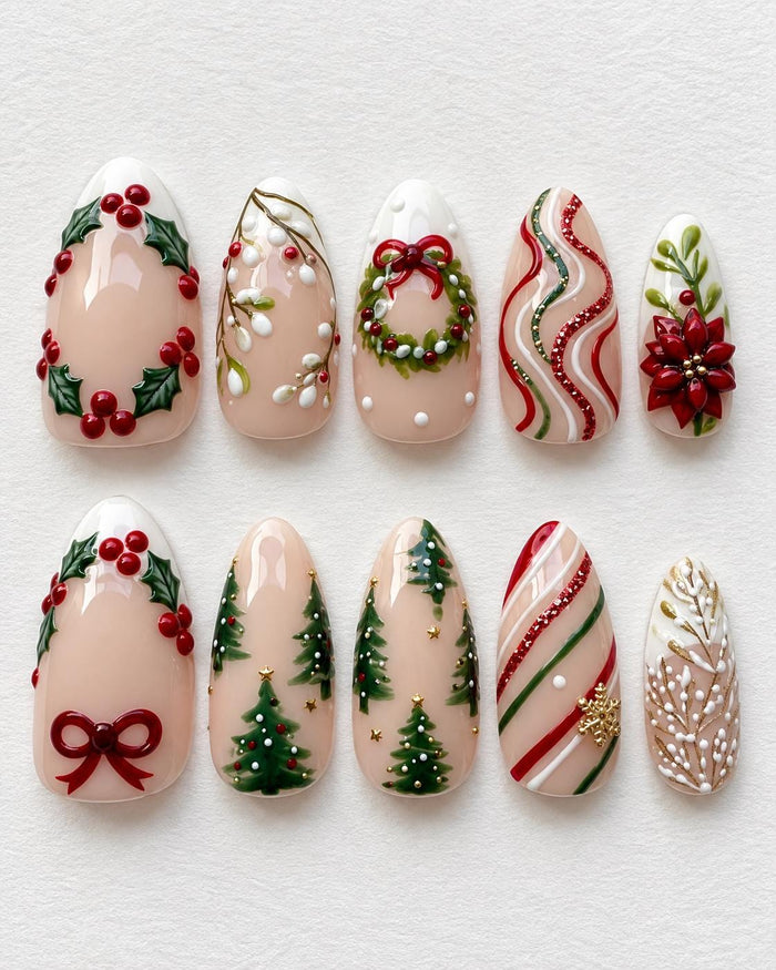 Christmas Holly, Wreath, Poinsettia and Tree Press On Nail Set