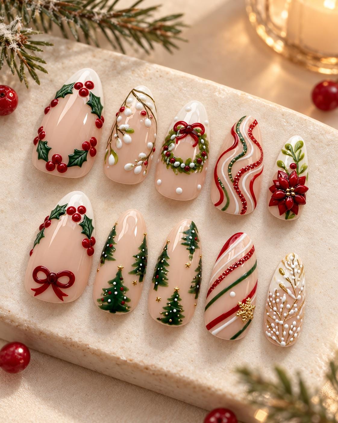 Christmas Holly, Wreath, Poinsettia and Tree Nail Set