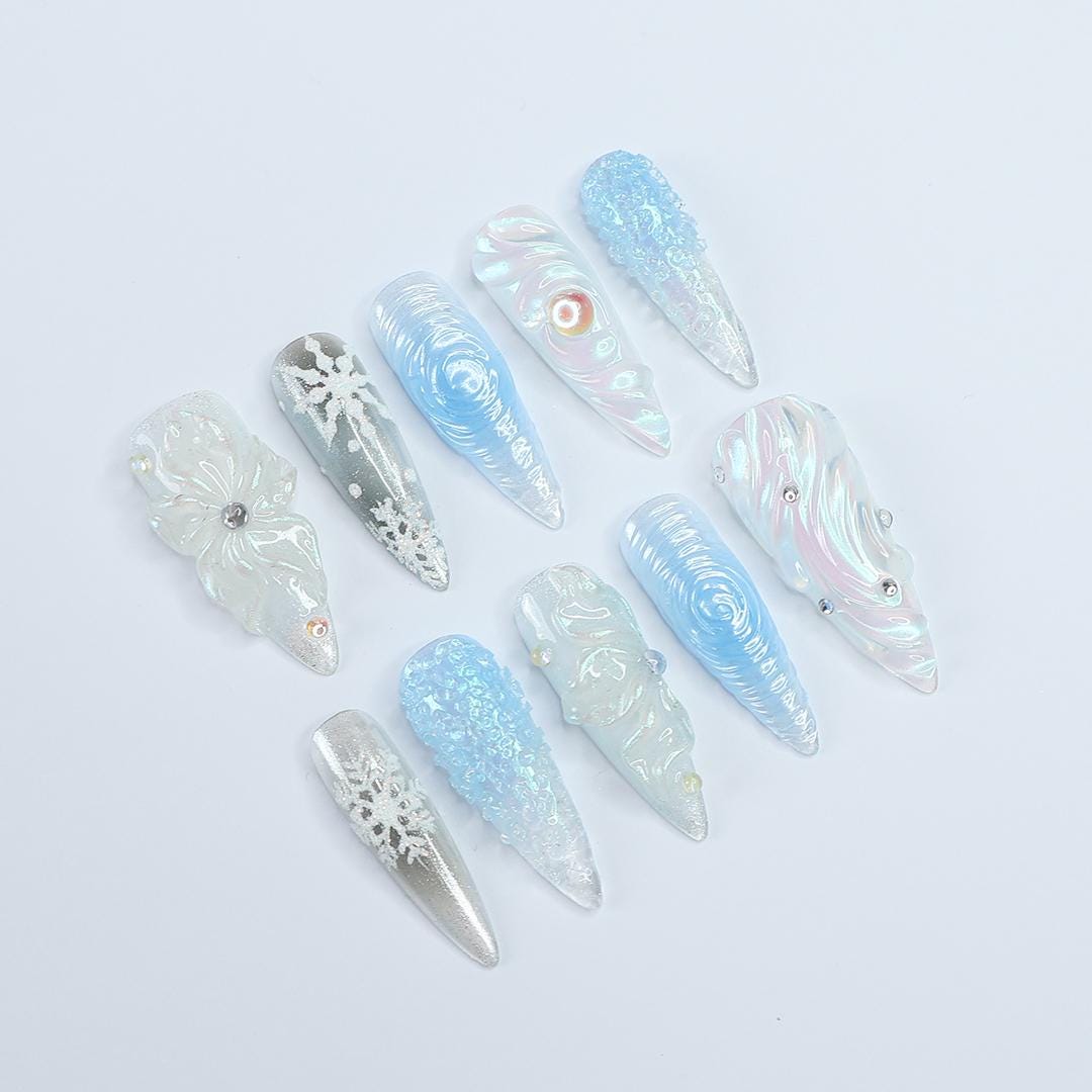 Christmas Icy Blue and Pearly White 3D Flower Snowflake Press-On Nails