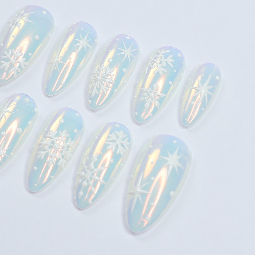 Christmas Icy Pale Blue Pearl Chrome Snowflake Press-On Nails