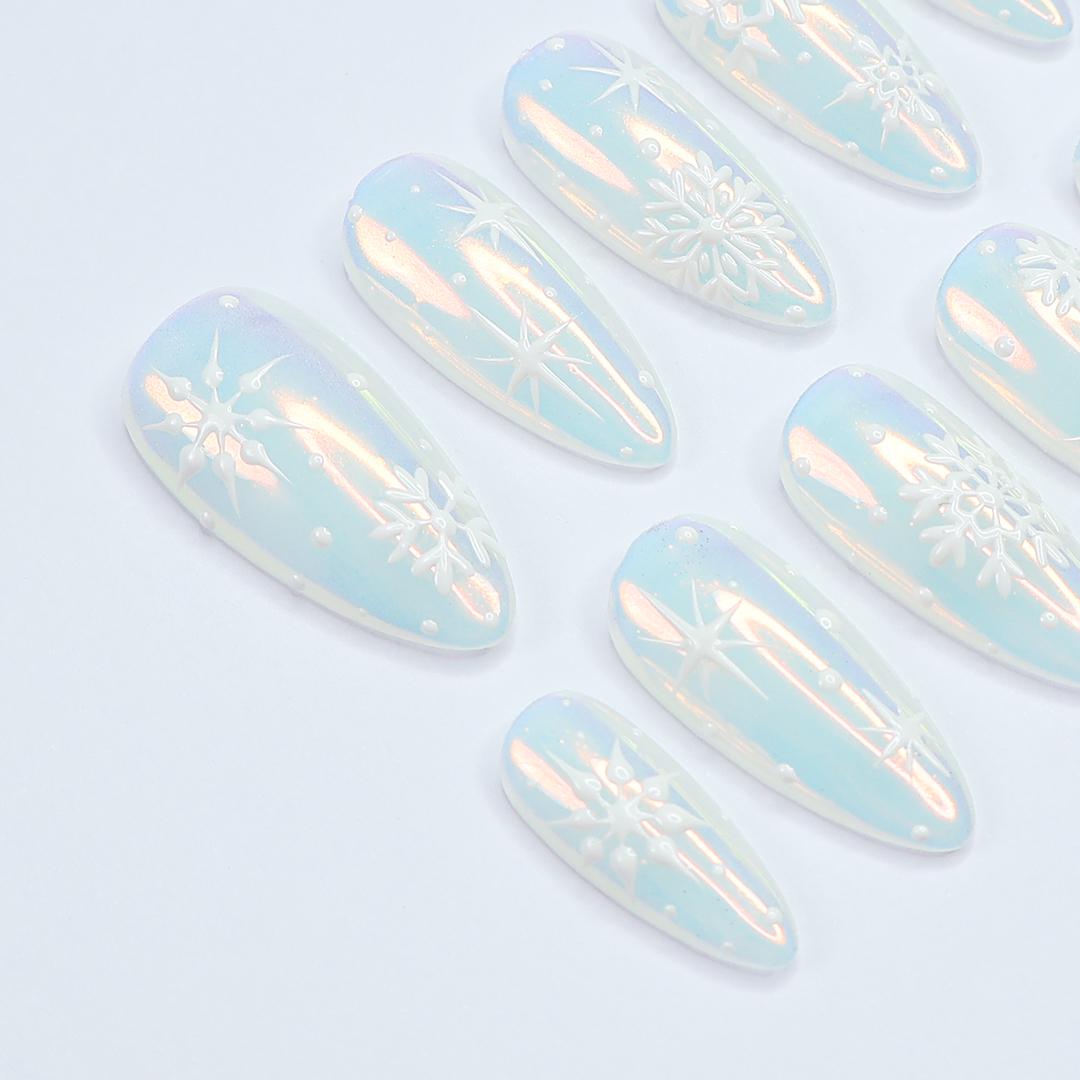 Christmas Icy Pale Blue Pearl Chrome Snowflake Press-On Nails