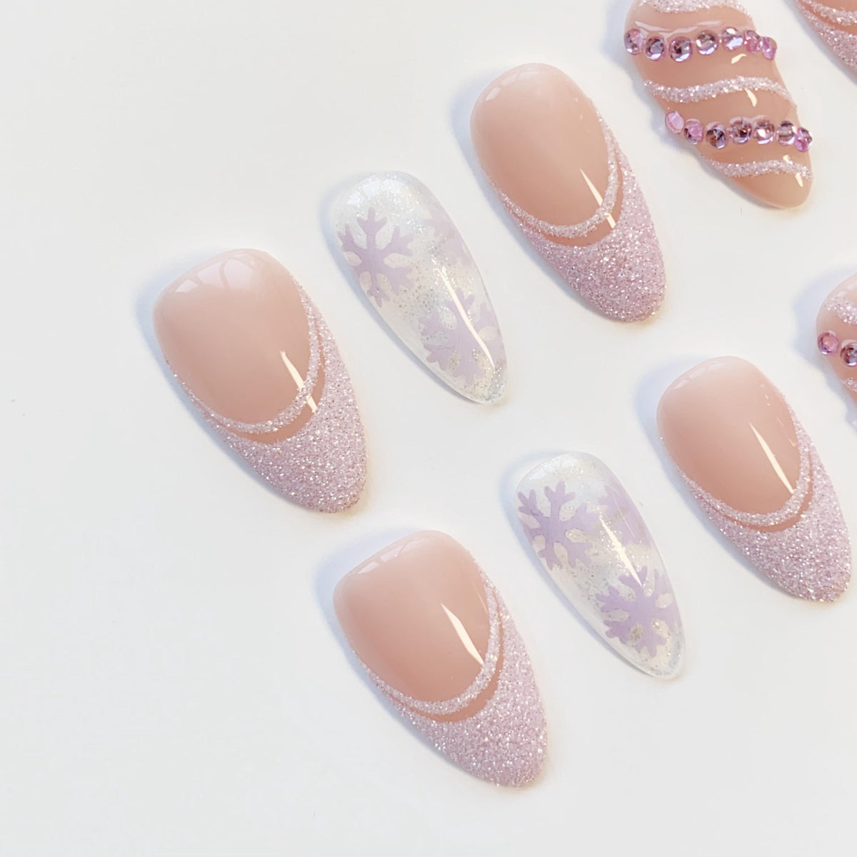 Christmas Lavender Glitter French Tip and Snowflake Press On Nails