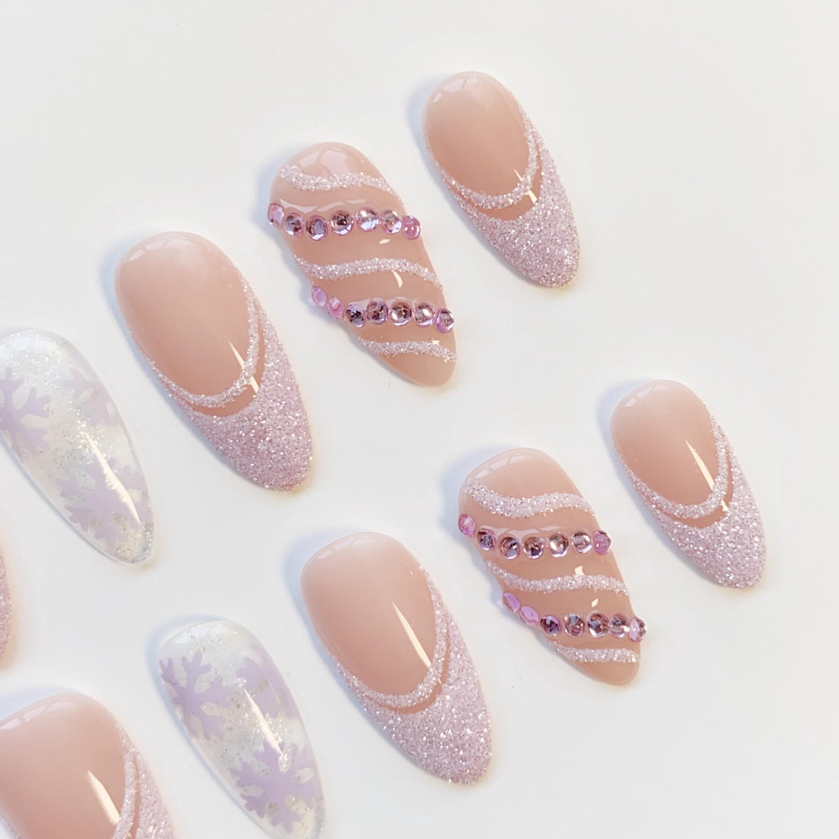 Christmas Lavender Glitter French Tip and Snowflake Press On Nails