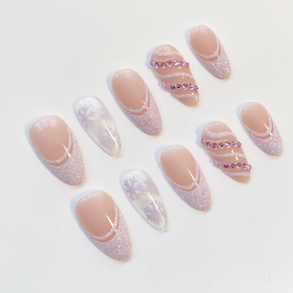 Christmas Lavender Glitter French Tip and Snowflake Press On Nails