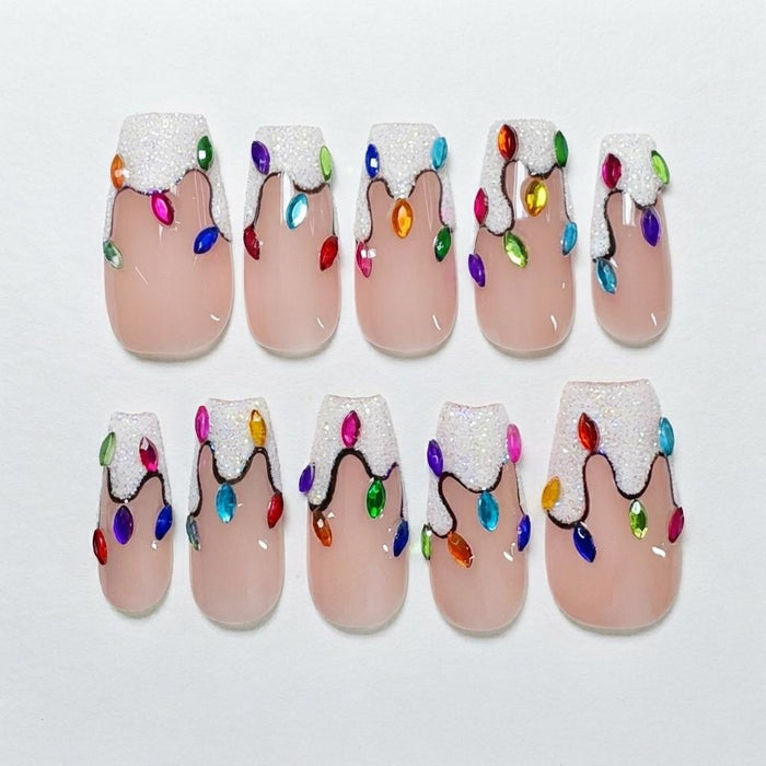 Christmas Light Press On Nails With Glitter French Tips and Colorful Jewels