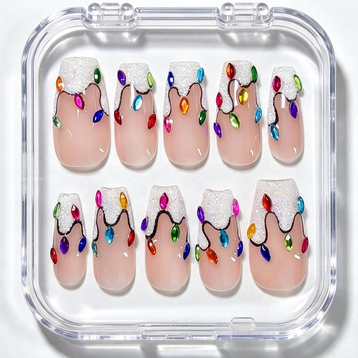 Christmas Light Nails With Glitter French Tips and Colorful Jewels