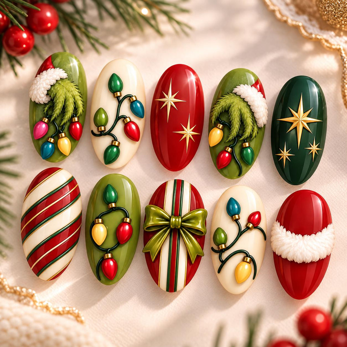 Christmas Light Press-On Nails with Gold Stars, Candy Cane Stripes and Bow