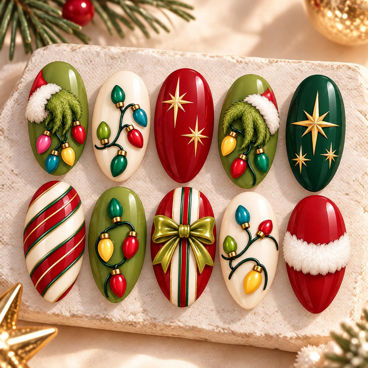 Christmas Light Press-On Nails with Gold Stars, Candy Cane Stripes and Bow