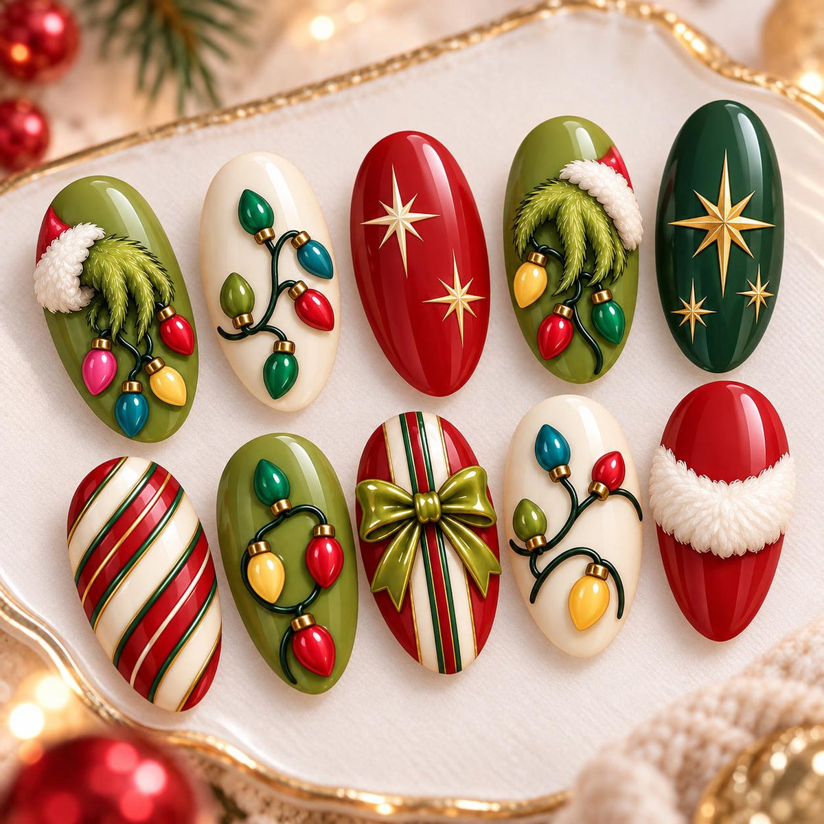 Christmas Light Press-On Nails with Gold Stars, Candy Cane Stripes and Bow