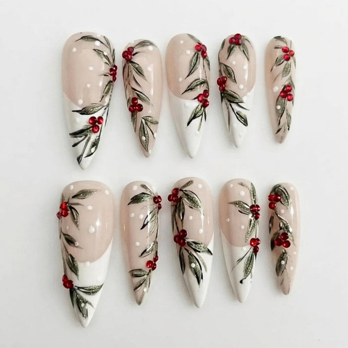 Christmas Mistletoe French Tip Press On Nails With Nude Bases and Red Berries