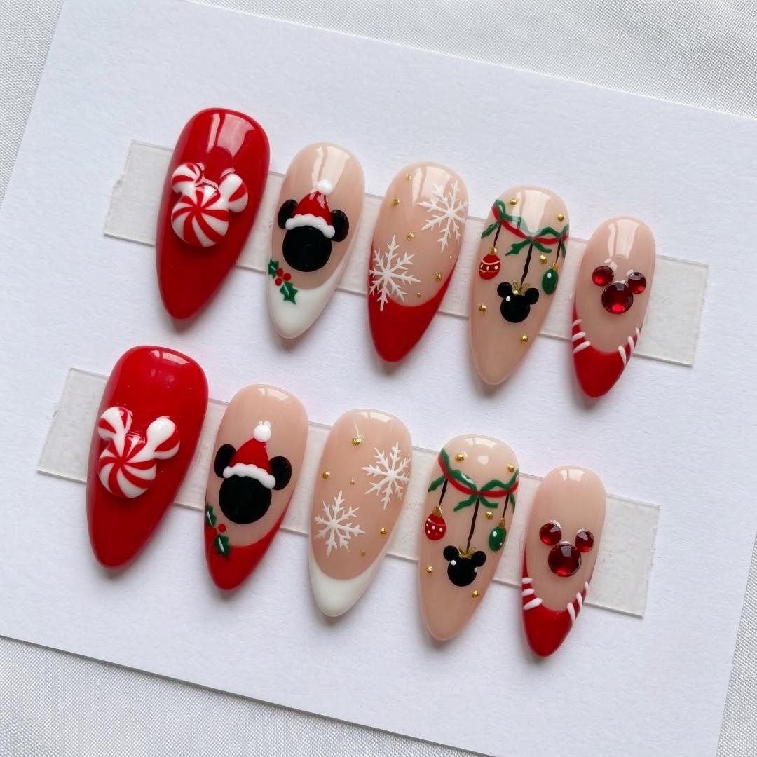 Christmas Mouse Ear Nails With Peppermint Swirls, Snowflakes and Red Rhinestones