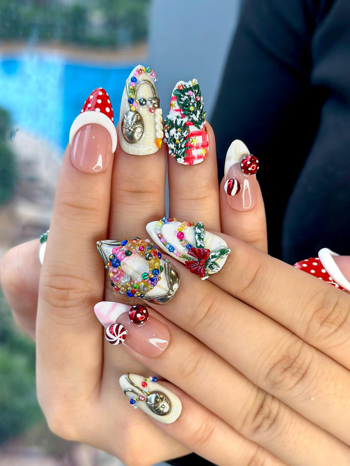 Christmas Nail Set with 3D Bows, Candy Canes, Trees, and Polka-Dot French Tips