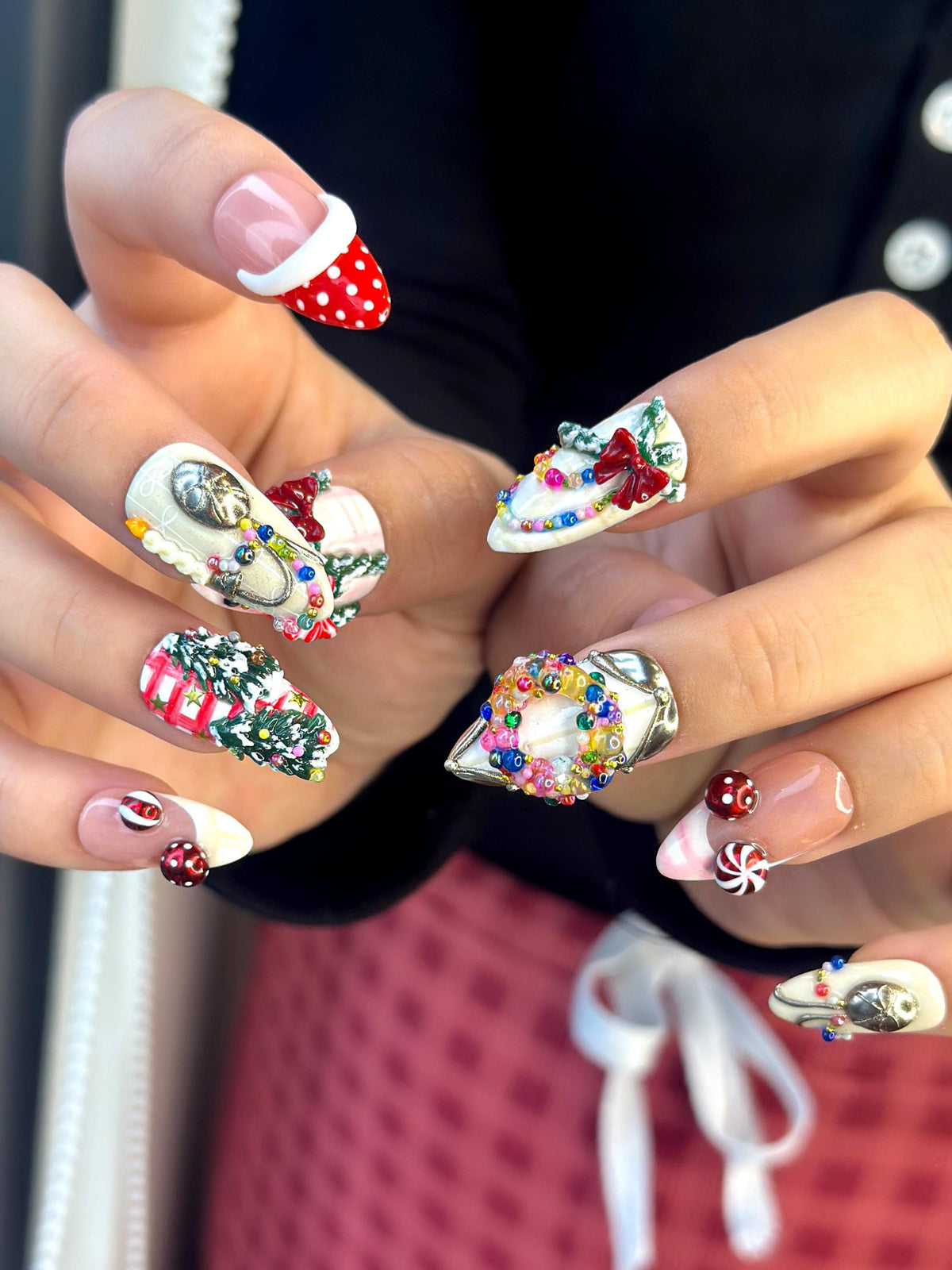 Christmas Nail Set with 3D Bows, Candy Canes, Trees, and Polka-Dot French Tips
