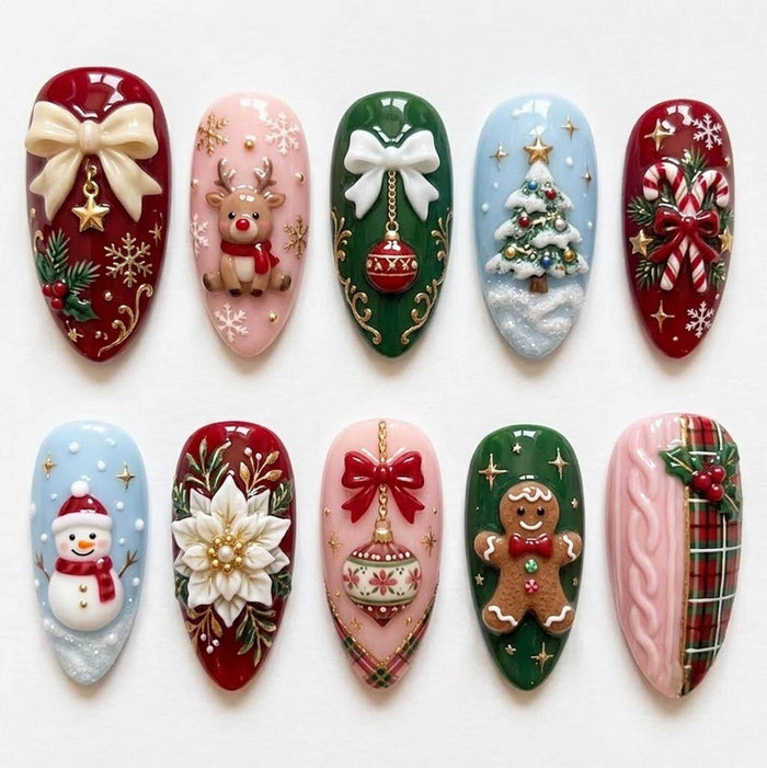 Christmas Press On Nail Set With 3D Bows, Holiday Characters, Plaid, and Gold Details