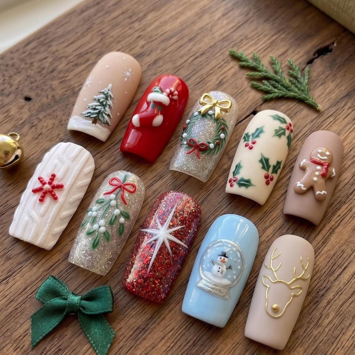 Christmas Nail Set with Gingerbread, Snow Globe, Wreath, and Holly Designs