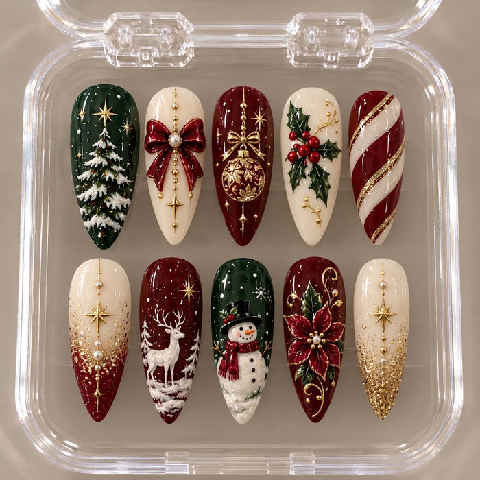 Christmas Press On Nail Set With Gold Glitter, Holiday Motifs, and Jewel-Like Accents