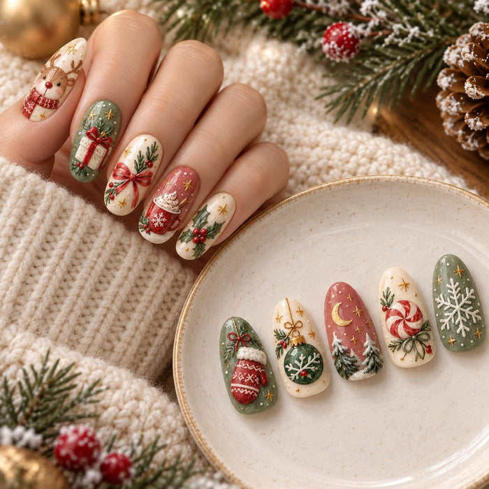 Christmas Press On Nail Set With Green, Cream and Red Holiday Art