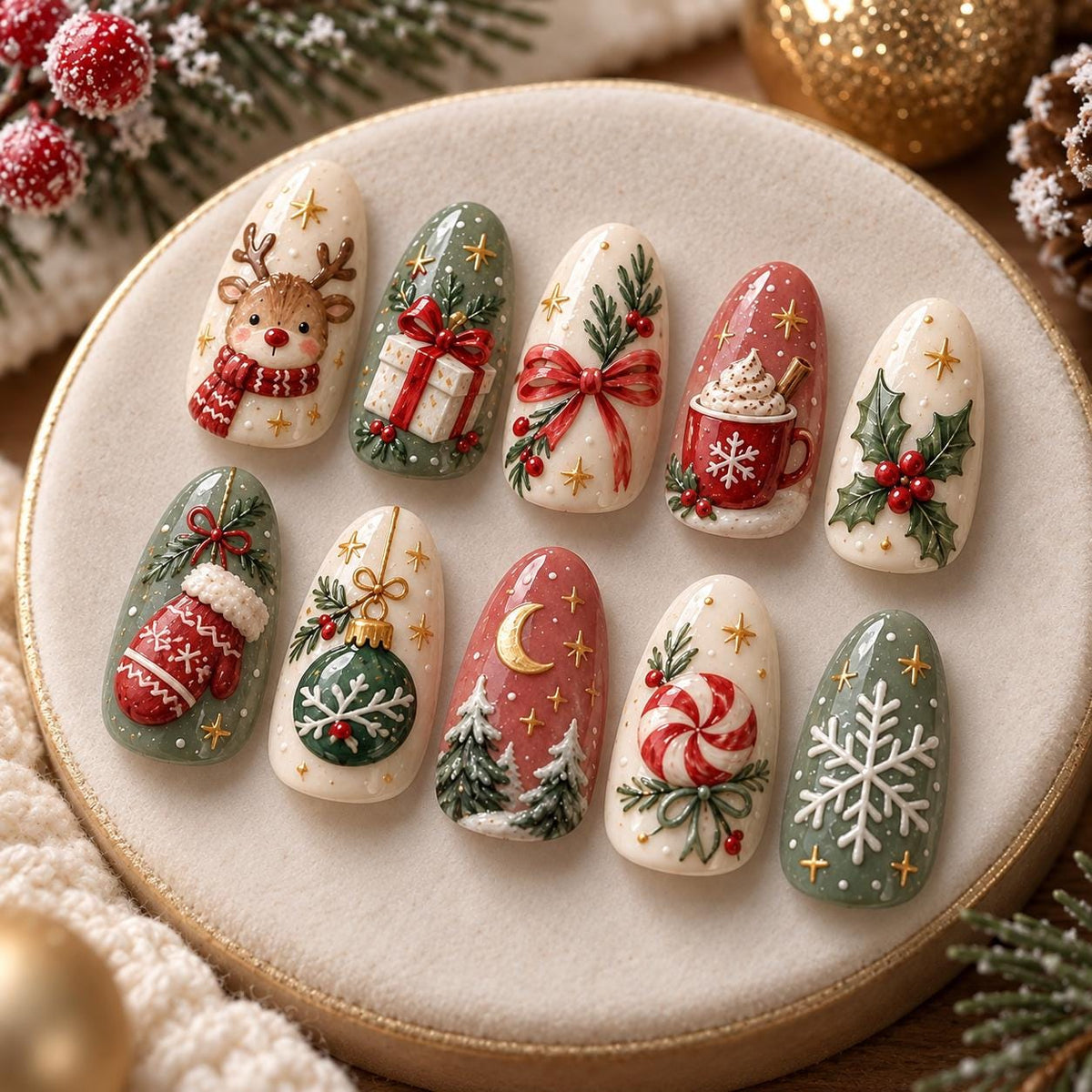 Christmas Nail Set With Green, Cream and Red Holiday Art