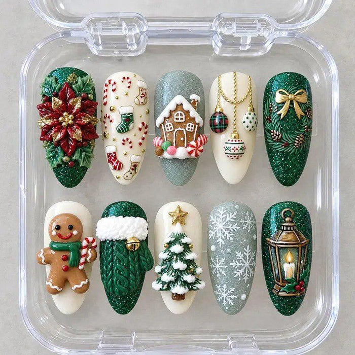 Christmas Press On Nail Set With Green Glitter, Holiday Scenes and 3D Details