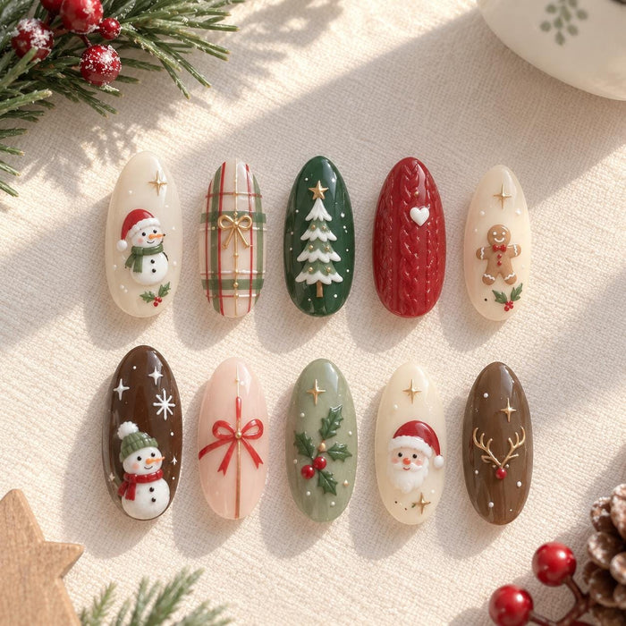 Christmas Press On Nail Set With Plaid, Santa, Snowmen, Gingerbread and Sweater Texture