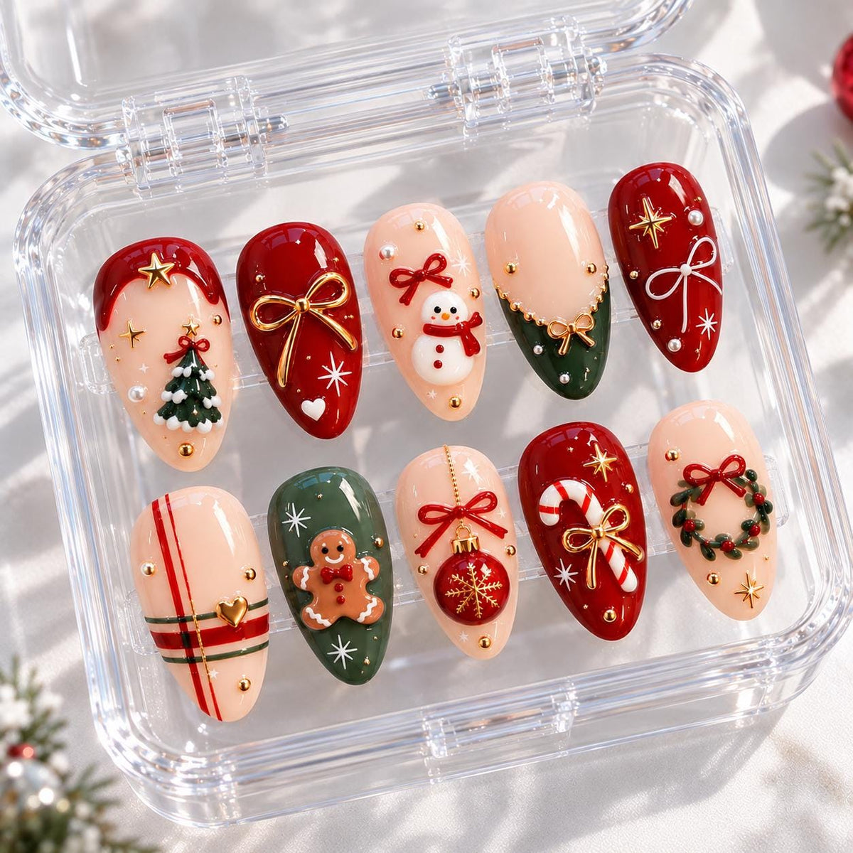 Christmas Nail Set With Red and Green Bows, Trees, Snowman and Plaid Details