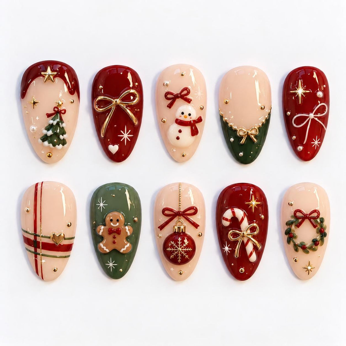 Christmas Nail Set With Red and Green Bows, Trees, Snowman and Plaid Details