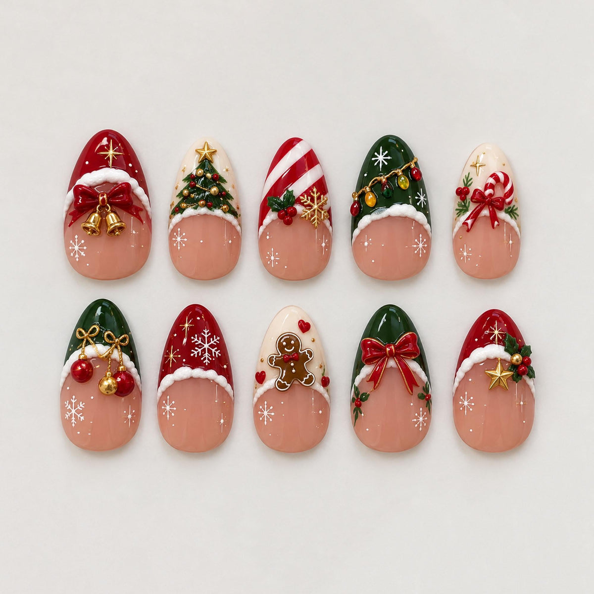 Christmas Nail Set with Red and Green Tips, Snowflakes, Trees, Bows and Ornaments