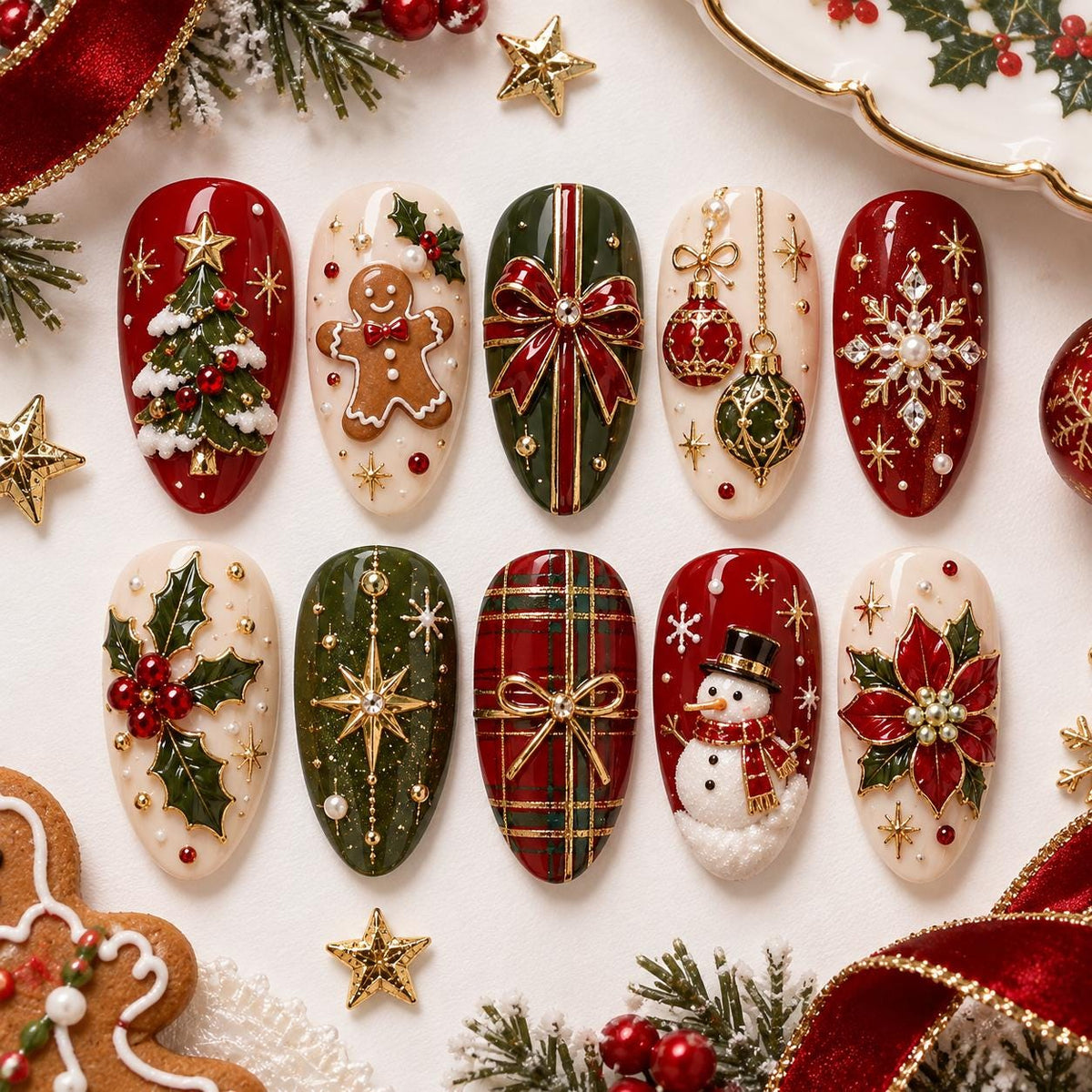 Christmas Nail Set With Red, Green, Gold, and Ivory Holiday Art