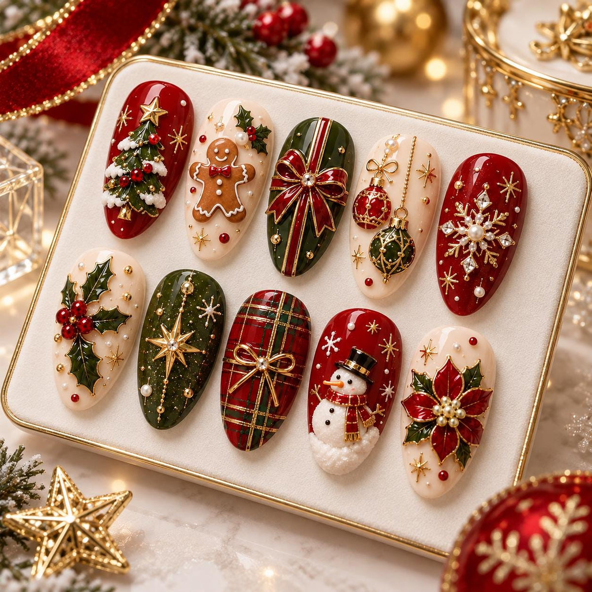 Christmas Nail Set With Red, Green, Gold, and Ivory Holiday Art