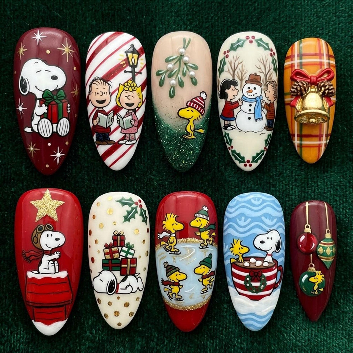 Christmas Nail Set With Tartan Plaid, Festive Character Scenes, and 3D Details